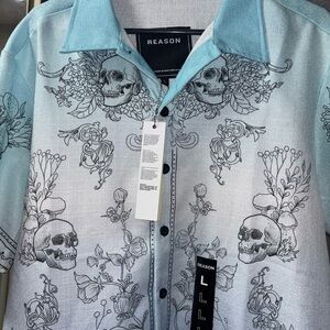 Reason Teal and White Skull Floral Shirt